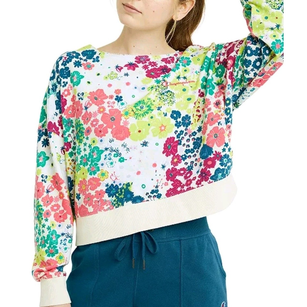 Champion Floral Print Sweatshirt Crewneck Pullover‎ Comfy Casual Top L